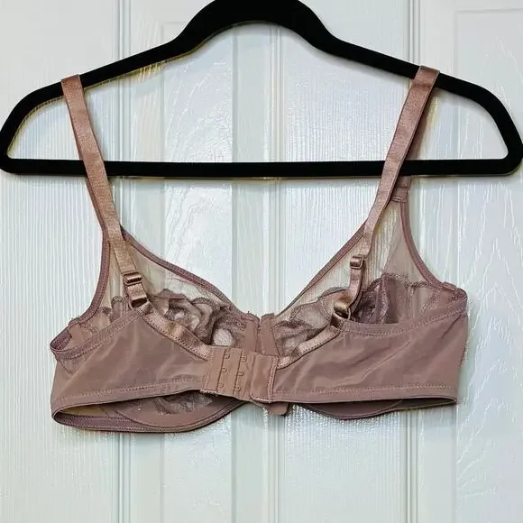 Paramour Rose Tan Lotus Embroidered Lace Bra Unlined Size 36D Sheer Sculpting - Picture 3 of 6